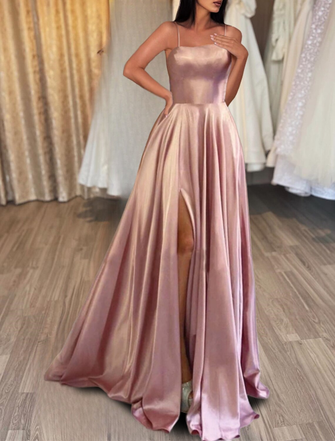 A-Line Evening Gown Backless Dress Formal Wedding Guest Sweep / Brush Train Sleeveless Spaghetti Strap Satin Backless with Slit 2025